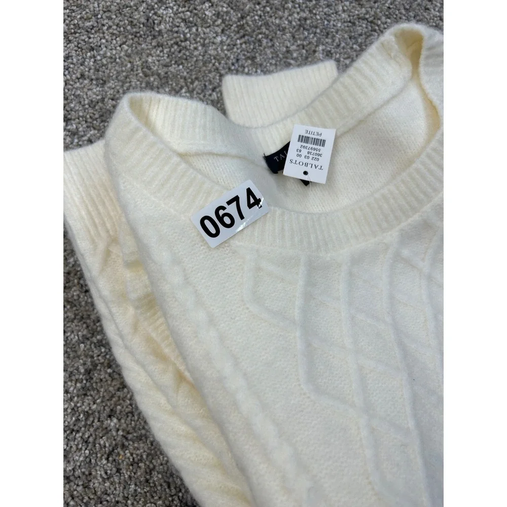 NWT Talbots Petite Ivory Cable Knit Ruffle Shoulder Sweater Cream PM #0674
